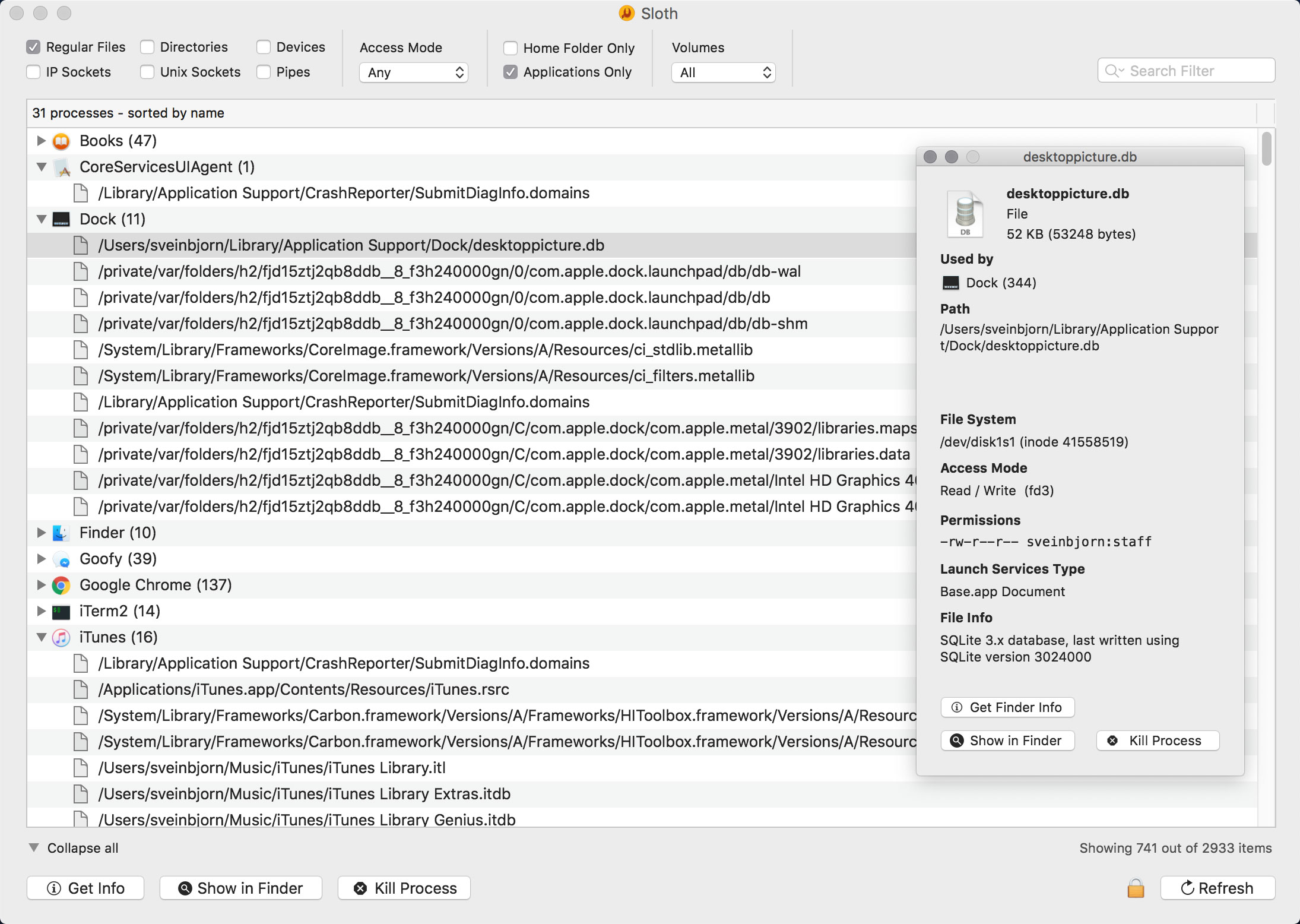 SlothNative Mac app that shows all open files, directories, sockets, pipes and devices in use by all running processes.