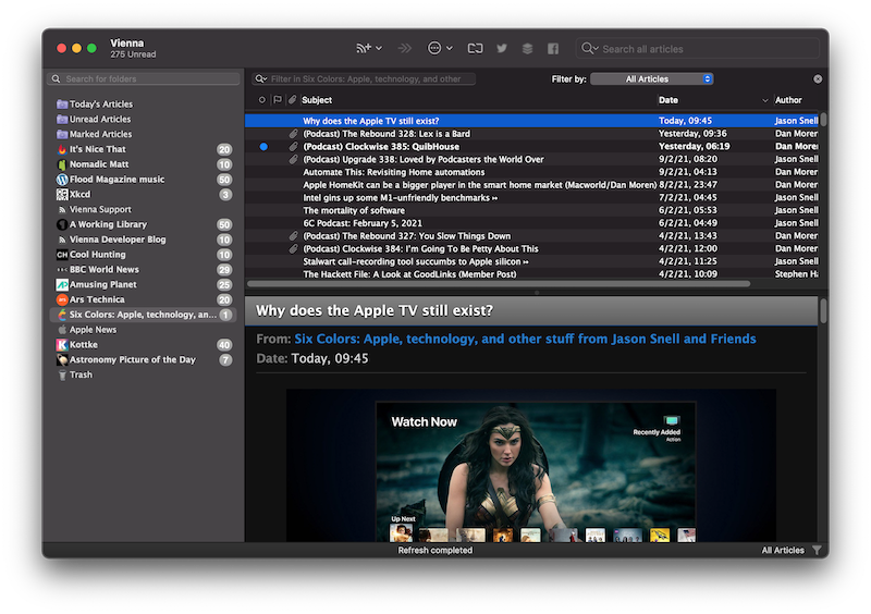 Vienna is a free and open-source RSS/Atom newsreader for macOS.